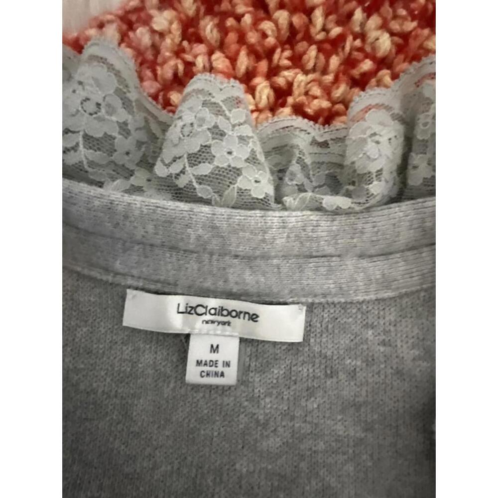 Liz Claiborne Ruffled Button Up Cardigan Sweater M Gray Romantic Boho Knit - Picture 6 of 8